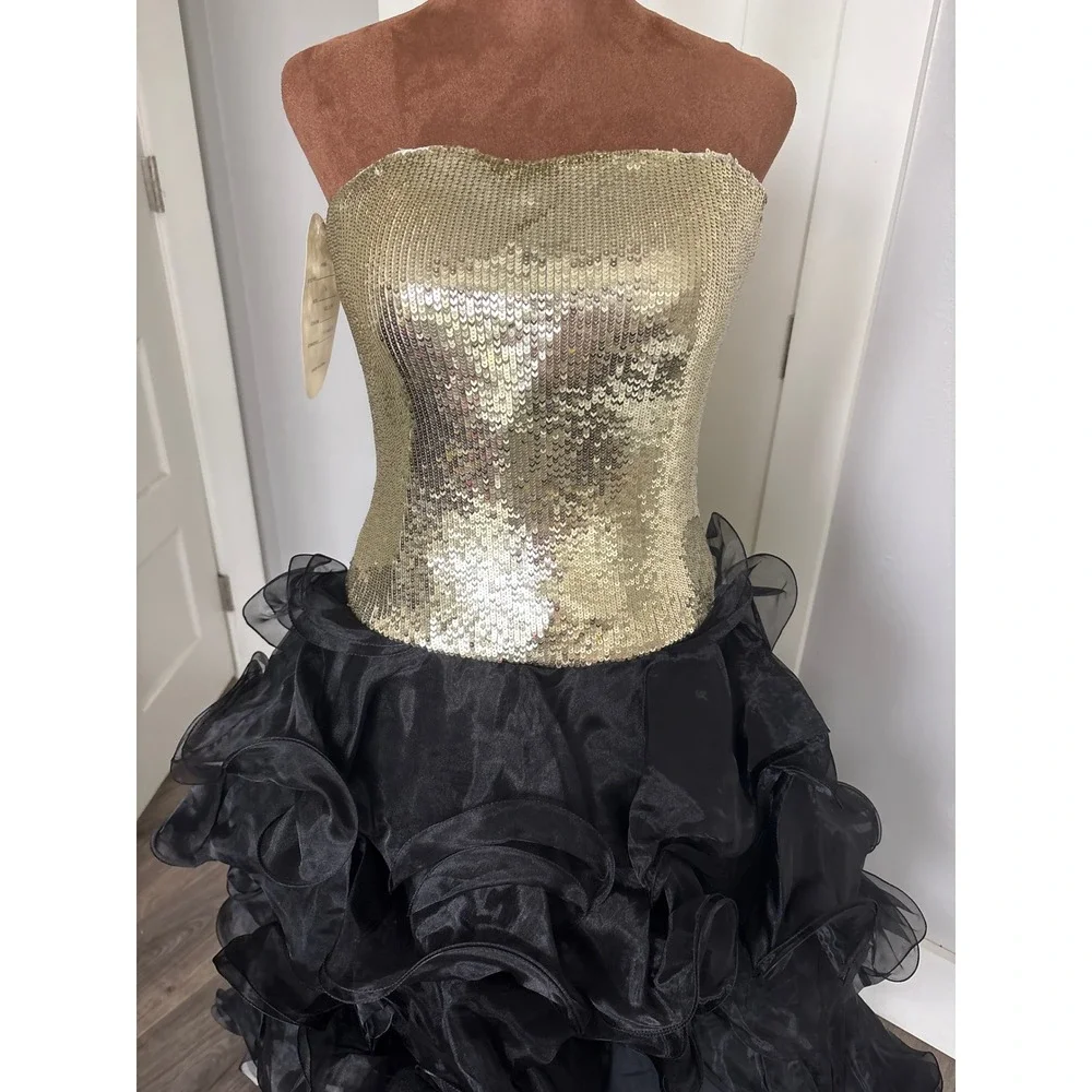 Vintage y2k PANOPLY Gold Sequin Strapless Black Ruffle High Low Gown Size 6 NWT - Picture 3 of 12